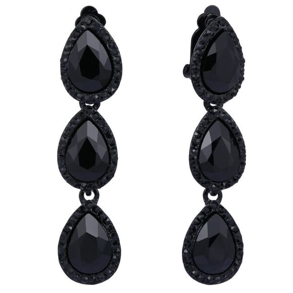 Carbon Black with Black Onyx Austrian Crystal Statement Dangle Clip On Earrings - Picture 1 of 4